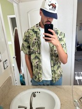 Puritan Large Hawaiian Button-Up Shirt  Green  Brown Floral  Vintage Aloha