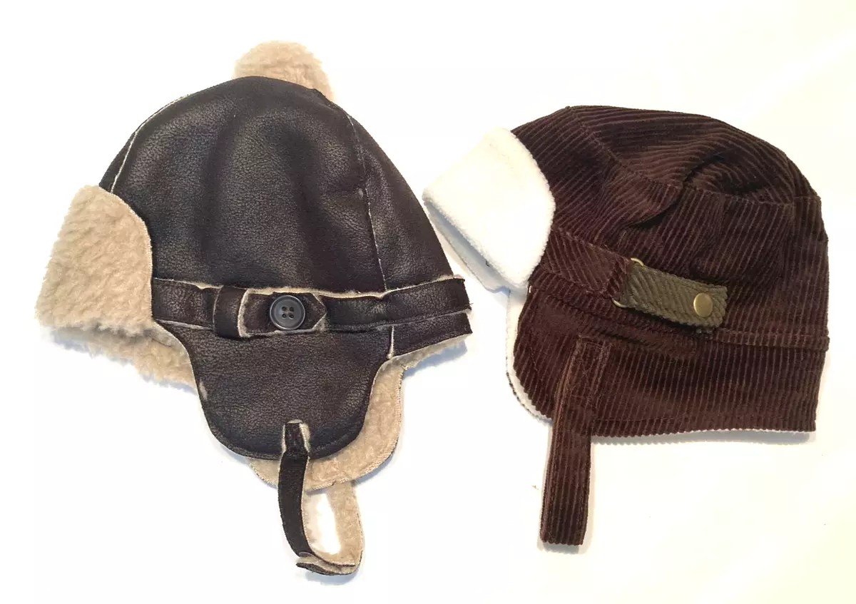 Two (2) Baby Bomber Hats - Ear Covering and Chin Strap - Lined - Size 0-6  Months