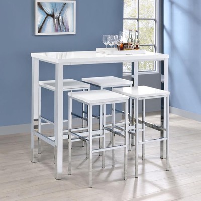 5 PC CHROME LACQUERED COUNTER HEIGHT WHITE BAR DINING TABLE CHAIRS FURNITURE SET