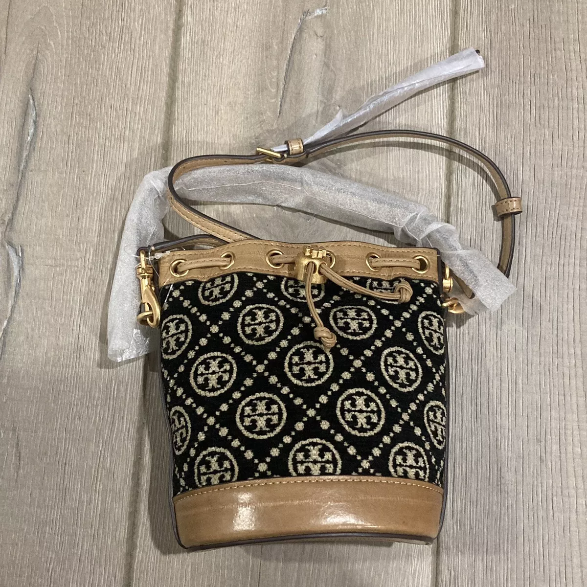 New Tory Burch T Monogram Black Chenille Mini Bucket Bag Crossbody