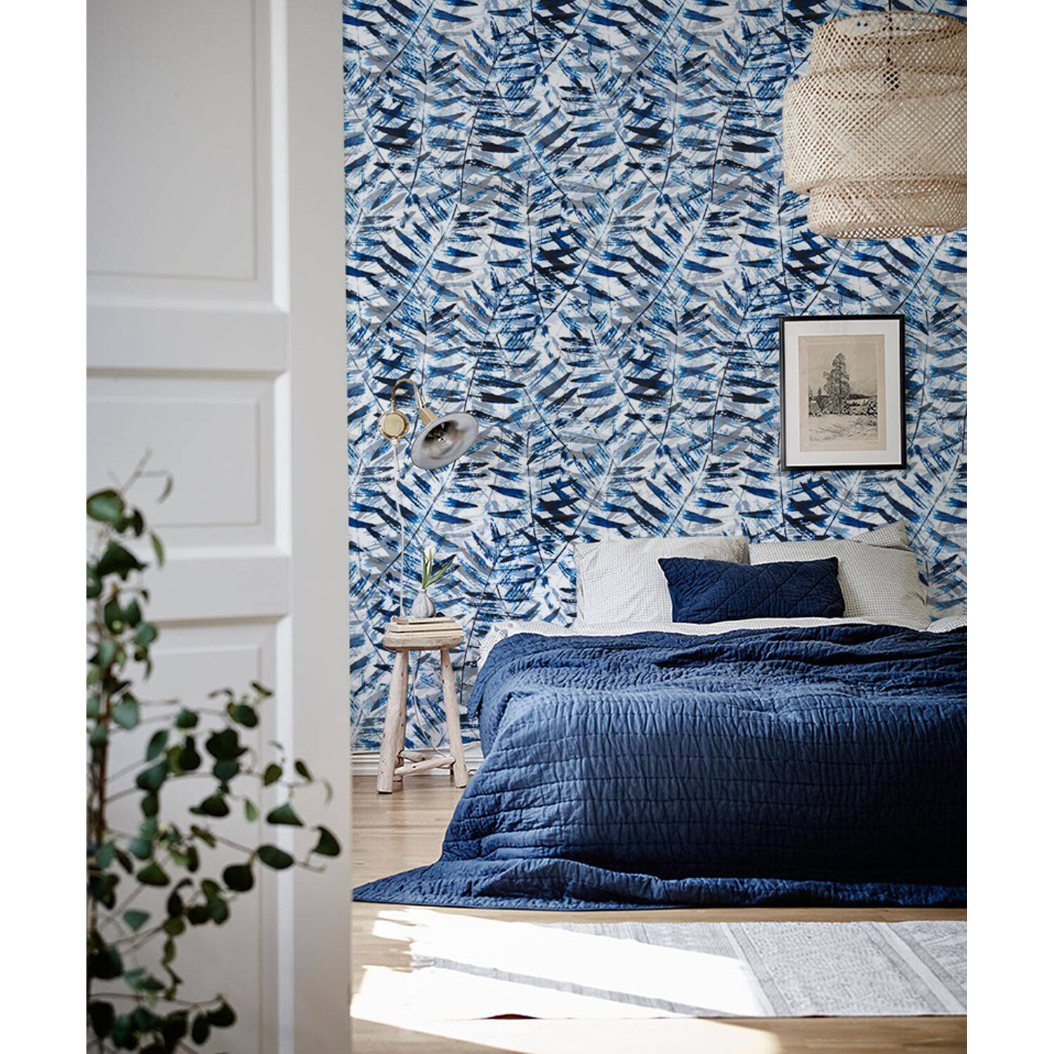 Hojas azules tropicales extraíbles | Mural de acuarela exótica | Autoadhesivo