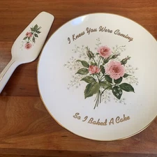 “I Knew You Were Coming So I Baked A Cake” Plate With Server Vintage Pink Roses