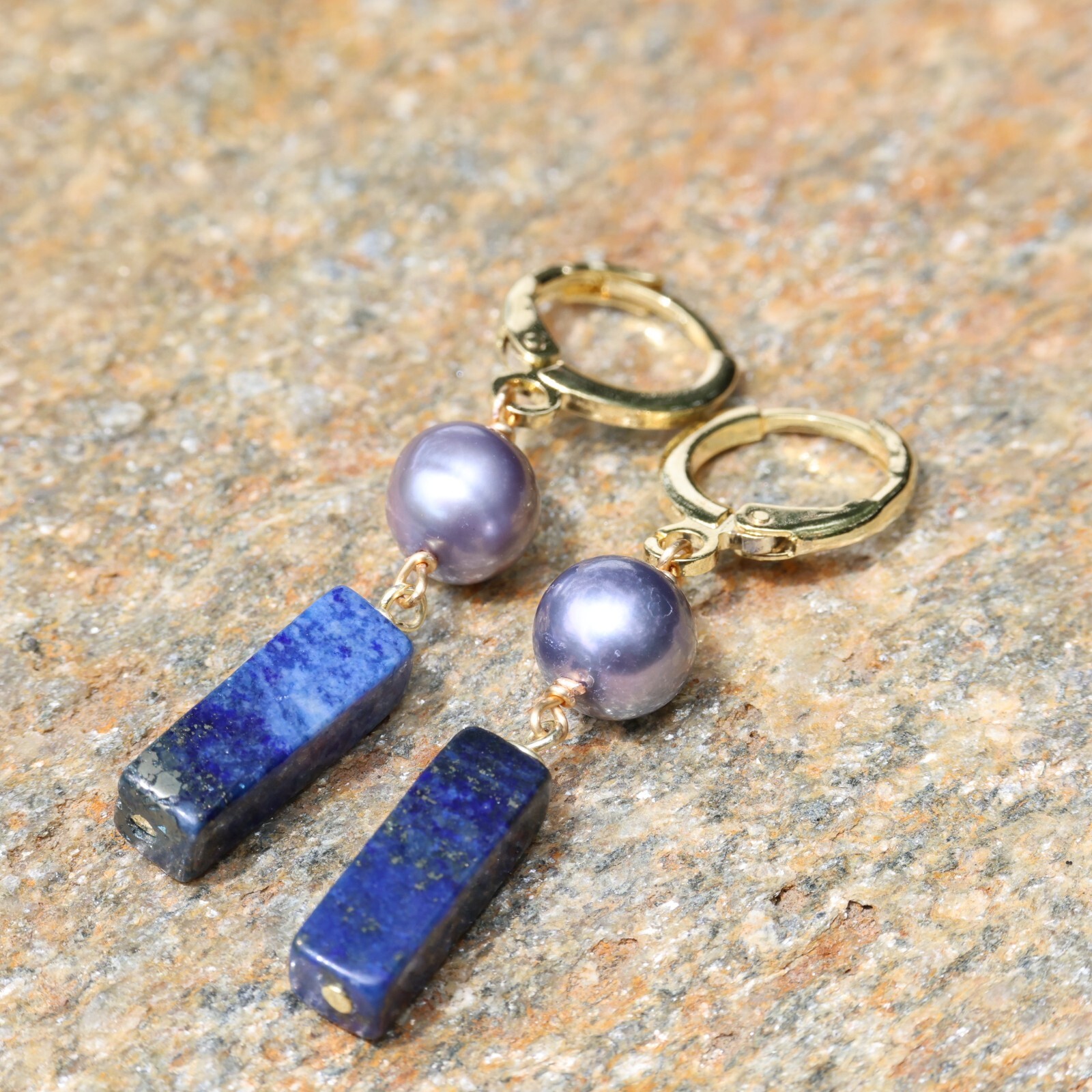 Créoles perle d'eau douce et lapis-lazuli bleu pour femme boucles d'oreilles 2275