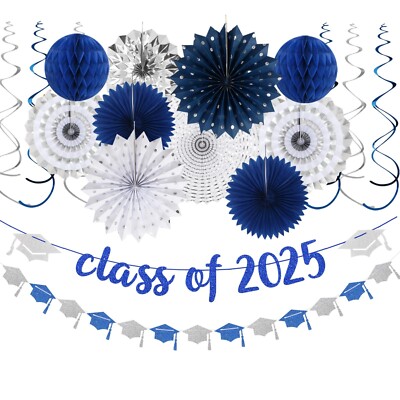 Navy-Blue Silver Party-Decorations Graduation Banner-Streamers - 18pcs Kits C...