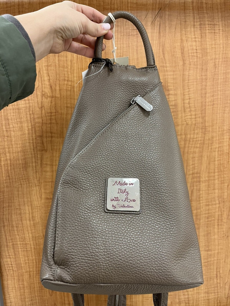 Valentina Made in Italy Sling Pebbled Leather Backpack Bag In Taupe NWT
