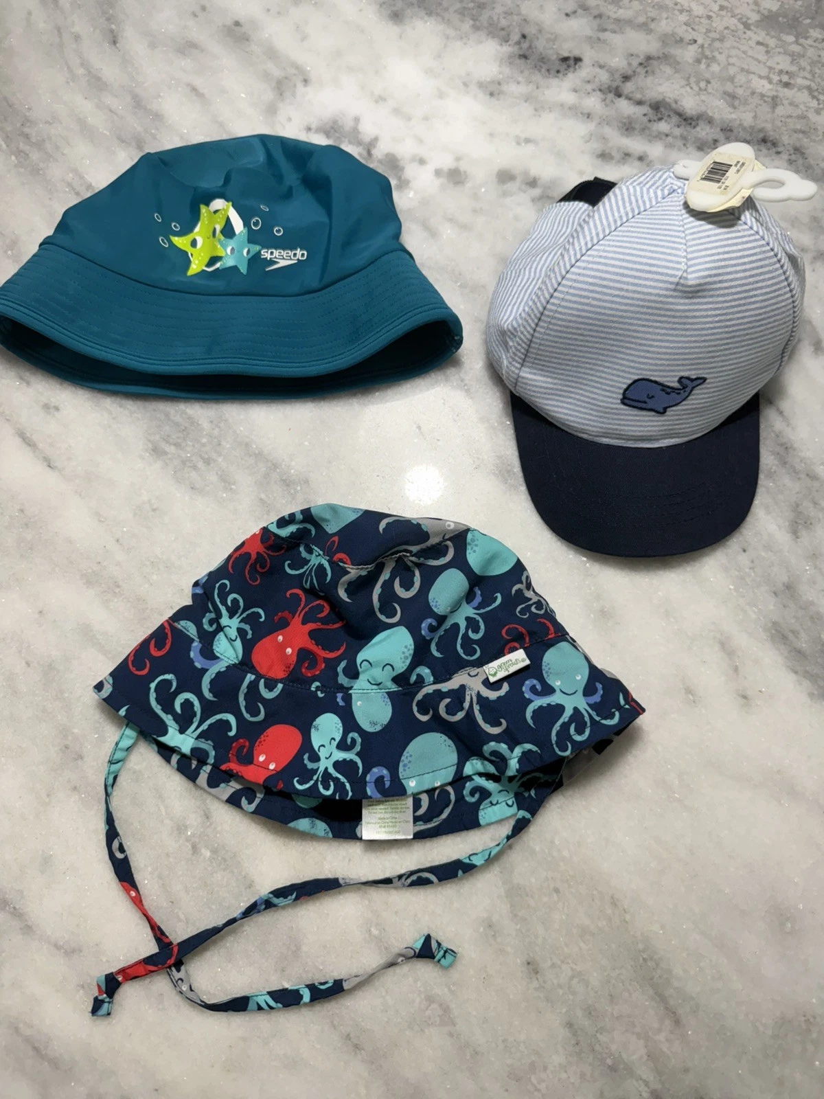 Three (3) Infant Swim/Sun Hats - Green Sprouts/Speedo/Addie & Tate