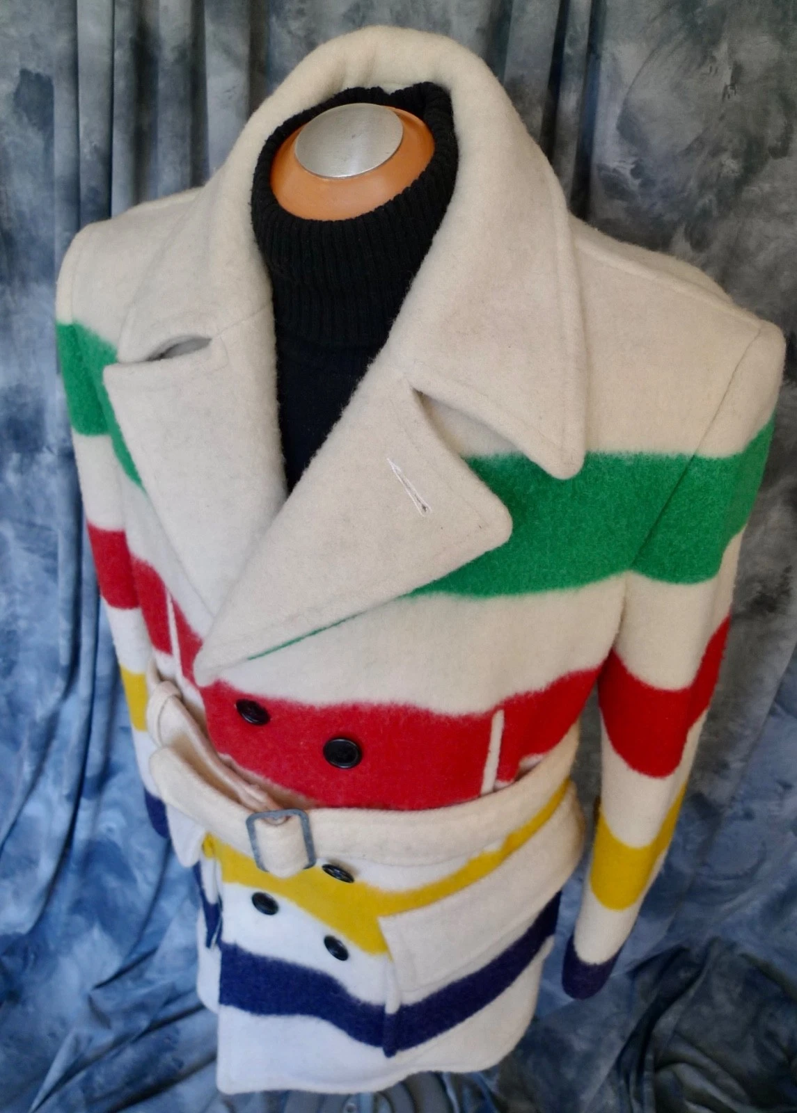 SUPERB! Mens HUDSON BAY Co HBC WOOL 4 POINT Blanket Coat Jacket STRIPED CLASSIC! - product detail image 2