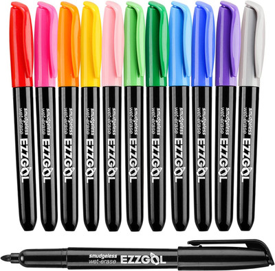 12-Color Bullet Tip Wet Erase Markers for Transparency, Whiteboards, Glass and M