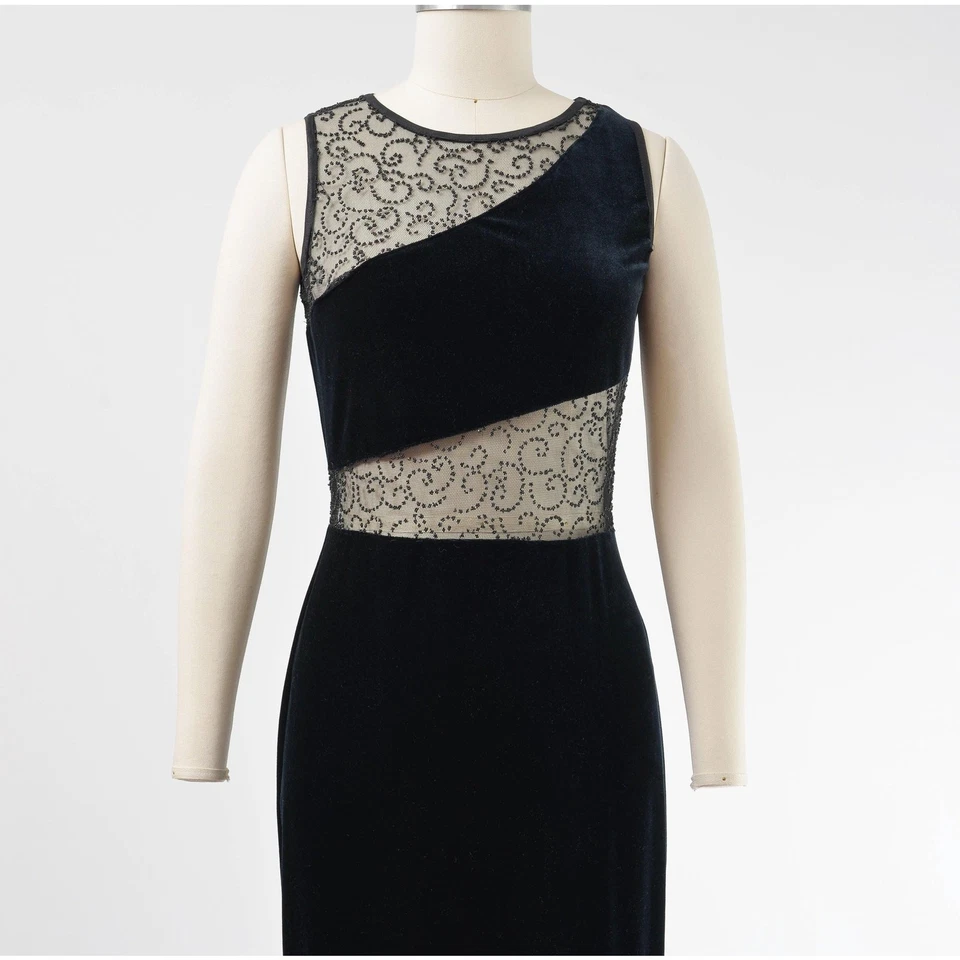 Maxi Vestido Vintage Años 90 Terciopelo Negro Malla Transparente Corte Apretado Elastizado Terciopelo  Foto 3 de 4