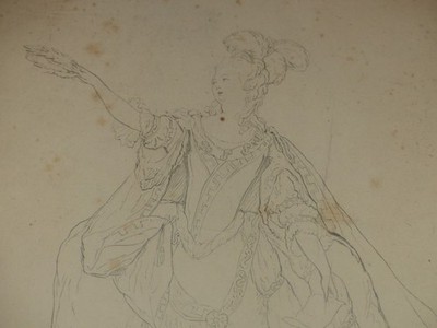 DESSIN ORIGINAL ENCRE FIN XIXe FEMME XVIIIe ACTRICE ?  COSTUMES MODES HISTOIRE