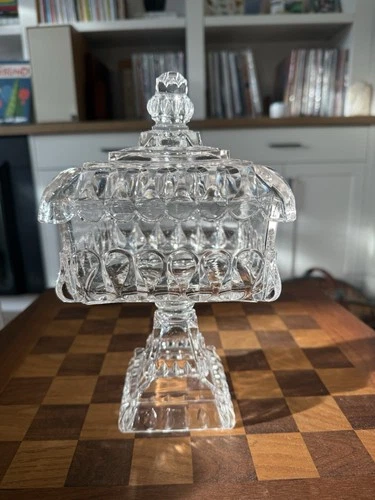 Vintage Jeanette Glass Clear Square Pedestal Covered Wedding Box Candy Dish