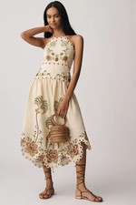Anthropologie Farm Rio Linen Halter Eyelet Midi Dress NWT S bird tree print