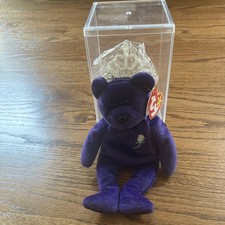 TY 1997 Princess Diana Beanie Baby Purple Bear with Tiara And Case - RARE