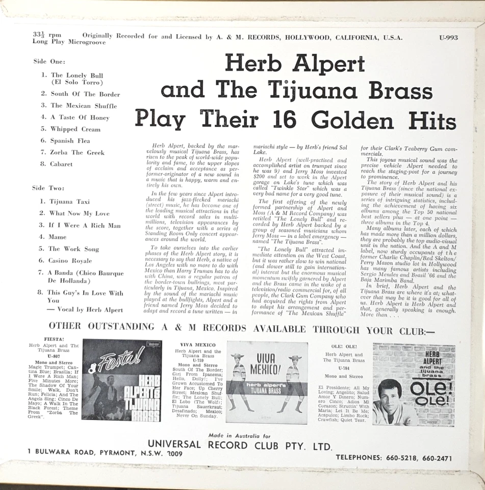 Herb Alpert & The Tijuana Brass–Play Their 16 Golden Hits Vinyl LP 1968 NM - Image 3 of 3