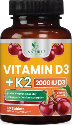 Vitamin D3 K2, Chewable Cherry D3 2000 Iu Plus K2 (MK-7) 75 Mcg - 2 In 1 D And K