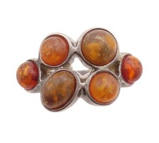 925 Sterling Silver Vintage Ring Designer Cabochon Honey Amber Sz 6 RG33265