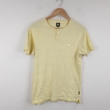 Pretty Green T-Shirt Mens Small Yellow Henley Speckled Casuals Retro Mods Oasis