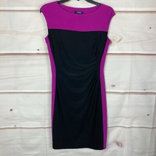 Chaps Dress Womens Small Purple Black Ruched Colorblock Boat Neck Bodycon Knit
