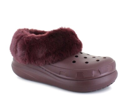 Crocs FUREVER CRUSH Burgundy Faux Fur Platform Wedge Clogs