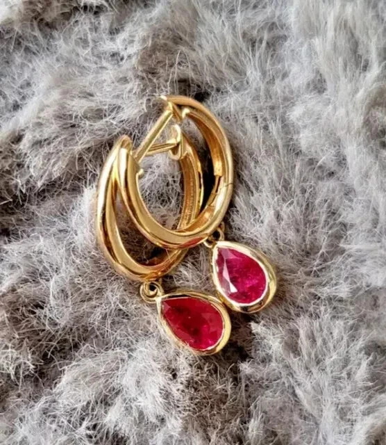 2Ct Pear Cut Lab-Created Pink Ruby Drop Dangle Earrings 14K Yellow Gold Plated - Image 3 of 4