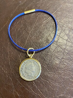 Swiss 10 Rappen Coin Minted in 1928,  Held in a Gold-toned Bezel Bracelet