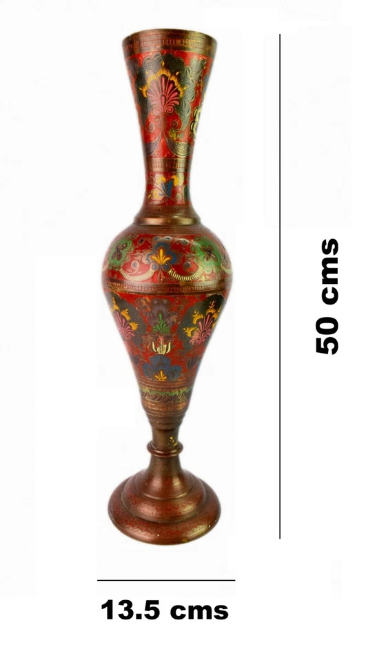 Old Enamel Work Vase 20 Inch Tall Hand Painted Decor Brass Flower Vase. G7-1025 - Image 3 of 4