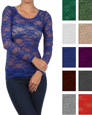 Solid All-Over-Lace Scoop-Neck Long Sleeve Sexy Top S ~ L