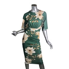 Boohoo Women’s XS 4 Cessie Floral Split Sleeve Wiggle MIDI Dress Green NEW