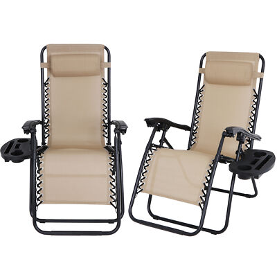 2x Zero Gravity Mesh Lounge Chair Beige Wider Armrest Adjustable w/ Cup Holder
