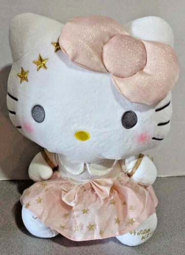 Sanrio Hello Kitty Pink Dress Plush Rare Cute Golden Stars 13" NEW - Afbeelding 1 van 3