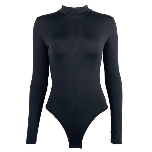 Para mujer Mangas Largas Cremallera Body Cuello Simulado Corte Alto Leotardo Prenda para el torso Mono - Imagen 4 de 32