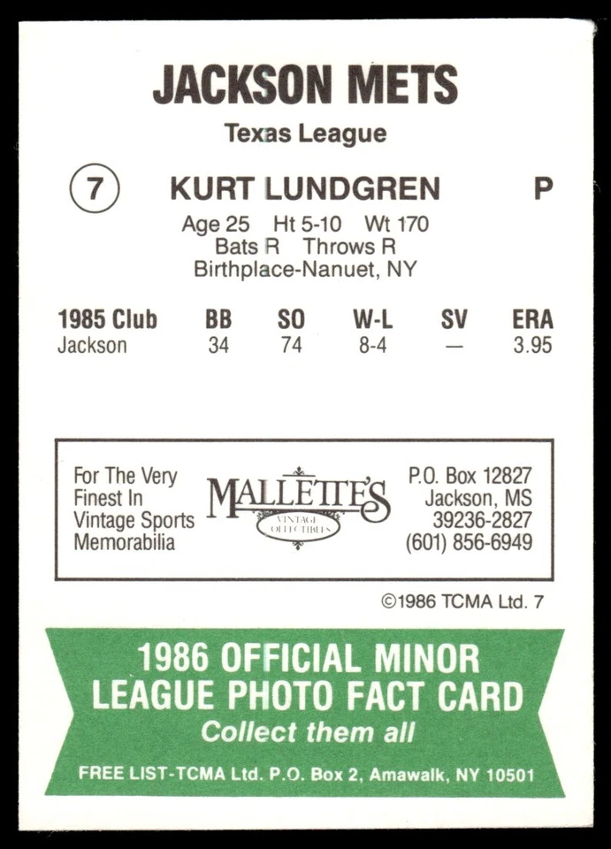 1986 TCMA Jackson Mets Kurt Lundgren #7 - Image 2 of 2
