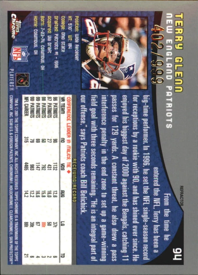 2001 Topps Chrome Refractors #94 Terry Glenn /999 - NM-MT - Image 2 of 2