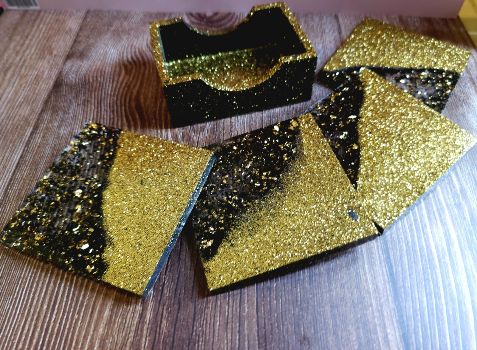 Glitter Gold and Black Handmade Square Coaster Set of 5