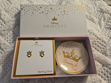 Disney Princess Tiara Heart CZ Stud Earrings 18K Gold Plated Sterling Silver NIB