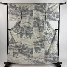JAPANESE KIMONO TSUMUGI ASH WHITE 161.5cm 5 ft 4 in PURE SILK FF10915