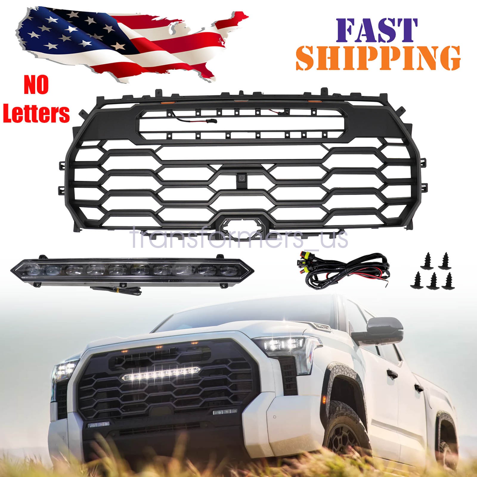 For 2022-2025 Toyota Tundra T-D Style Front Grill with LED Lights NO Letters