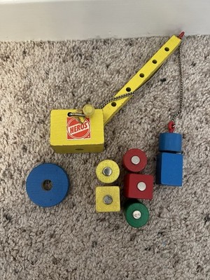 Vintage HEROS Wooden Toy Crane Truck Magnetic Blocks Parts Lot West Germany