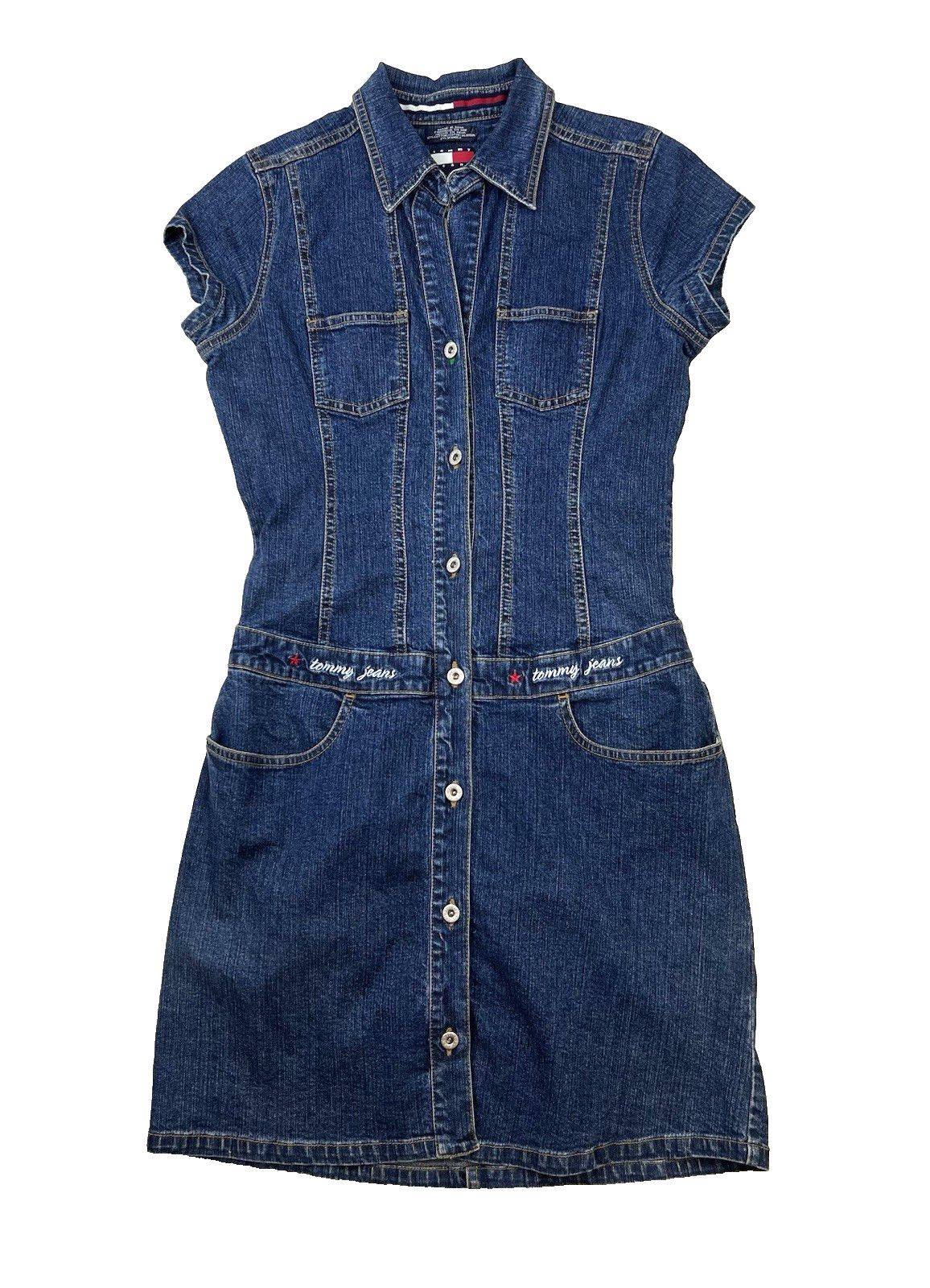 Vtg 90s Y2K Tommy Hilfiger S/S Denim Dress Womens Sz M Drop Waist Button Front