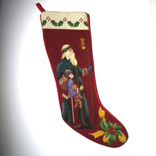 Vintage Needlepoint Christmas Stocking Father Christmas Santa Child Holly 22"