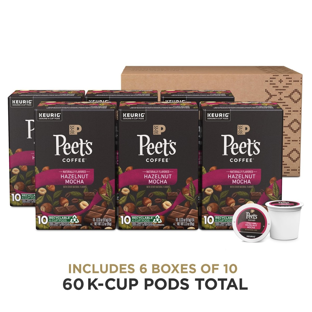Peet's Hazelnut Mocha K-Cup Pods, Light Roast Coffee, 10 Pods
