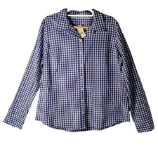 Crown & Ivy XL Blue Gingham Blouse Cotton Button Front Top Essential Summer NWT