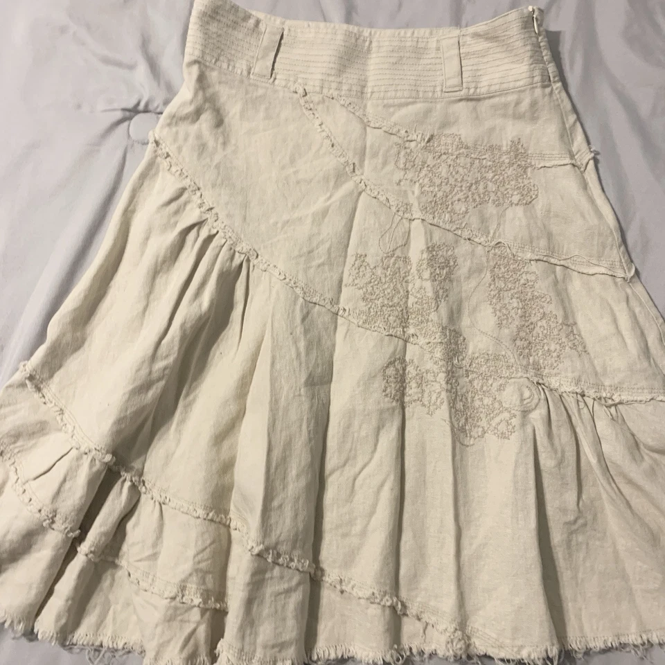 Linen Rayon Blend Skirt Sz 3 Beige Earthy Boho Hippie Floral Embroidery Neutrals - Image 3 of 4