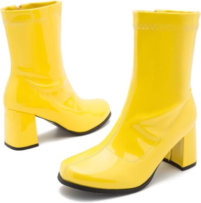 LIURUIJIA Women's Go Go Boots Yellow Mid Calf Block Heel Zipper Boot Size 11