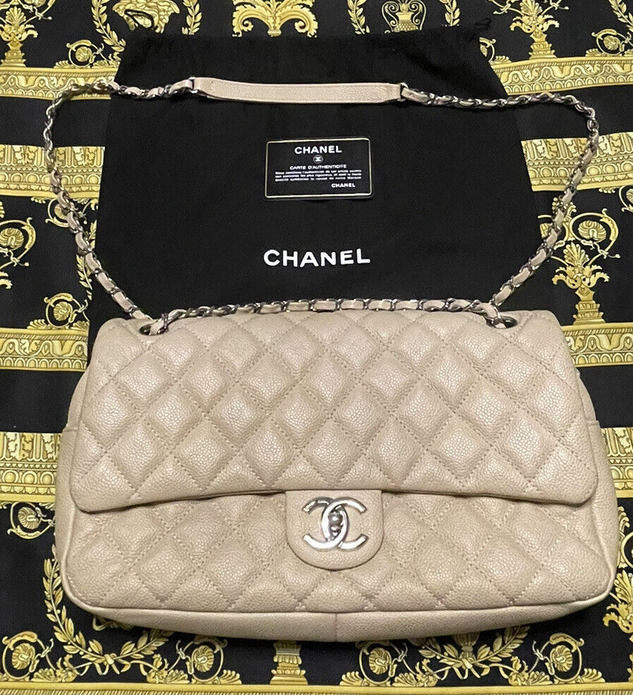 100% AUTHENTIC CHANEL CLASSIC SINGLE FLAP JUMBO CAVIAR BAG BEIGE QUILTED  SILVER