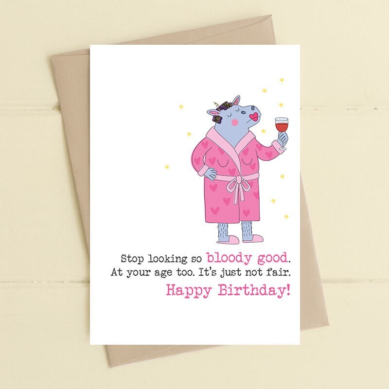 Funny Birthday Card Hippo Looking Good - Cute Illustrated Design Greeting Card