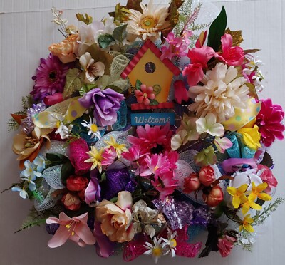 FREE Vibrant Colorful Floral Welcome Birdhouse Large 24''  Deco Mesh Wreath New