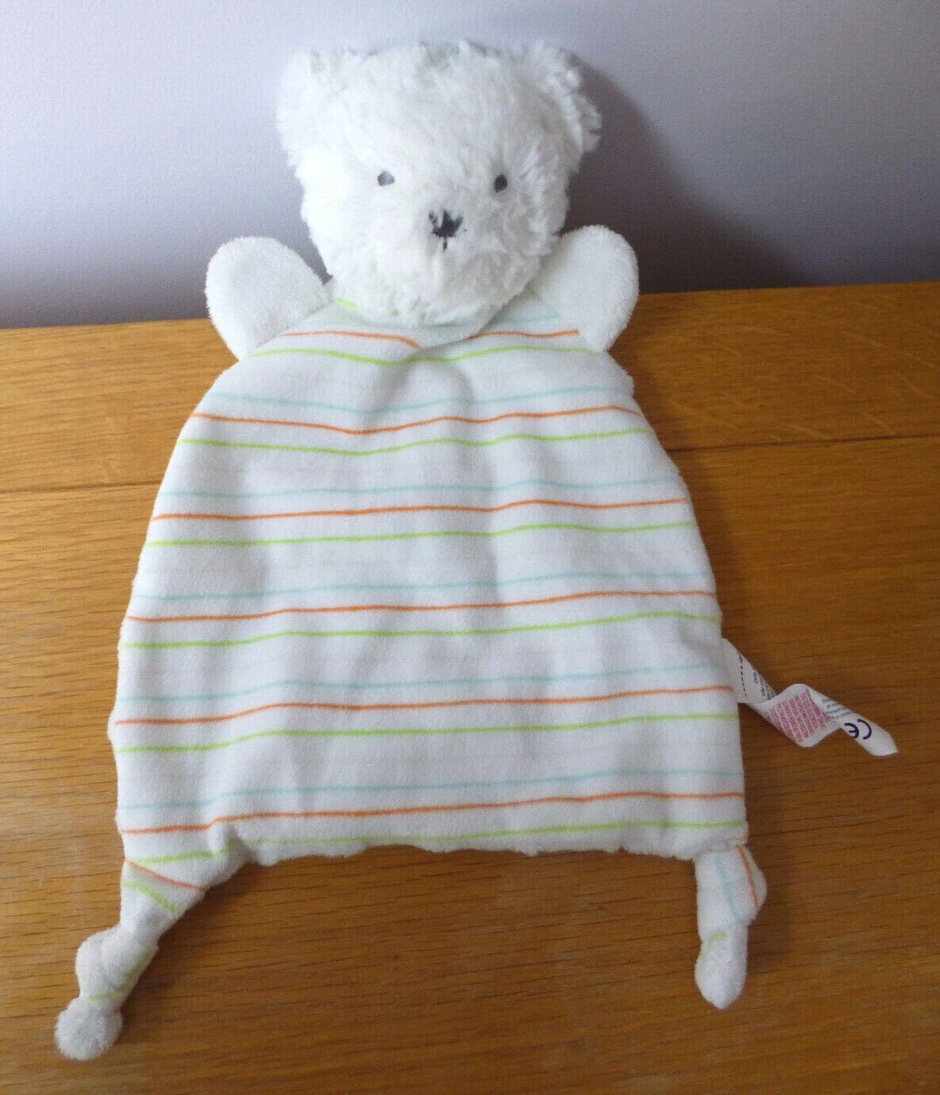 Tesco F F White Striped Teddy Bear Baby Comforter Blanket Soother