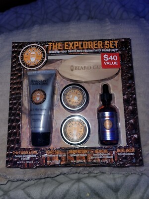 BEARD GUYZ 5pc THE EXPLORER GIFT SET WASH & TAME BALM BUTTER OIL BRUSH ~ NEW