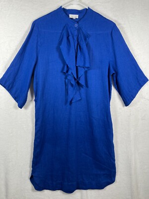ESCADA 100% Linen Ruffle Dress Size 36 / Small Royal Blue Designer NO BELT Shift
